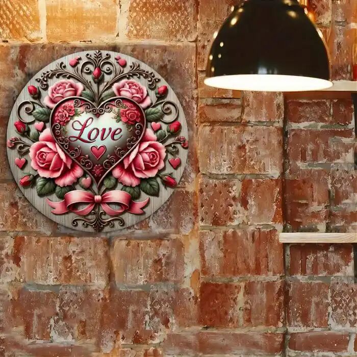 1 Panneau En Bois Rustique Amour Et Roses, , Rond, 2d Imprimé, Porte-cå“ur, Art Vintage Pour La Maison, La Chambre,