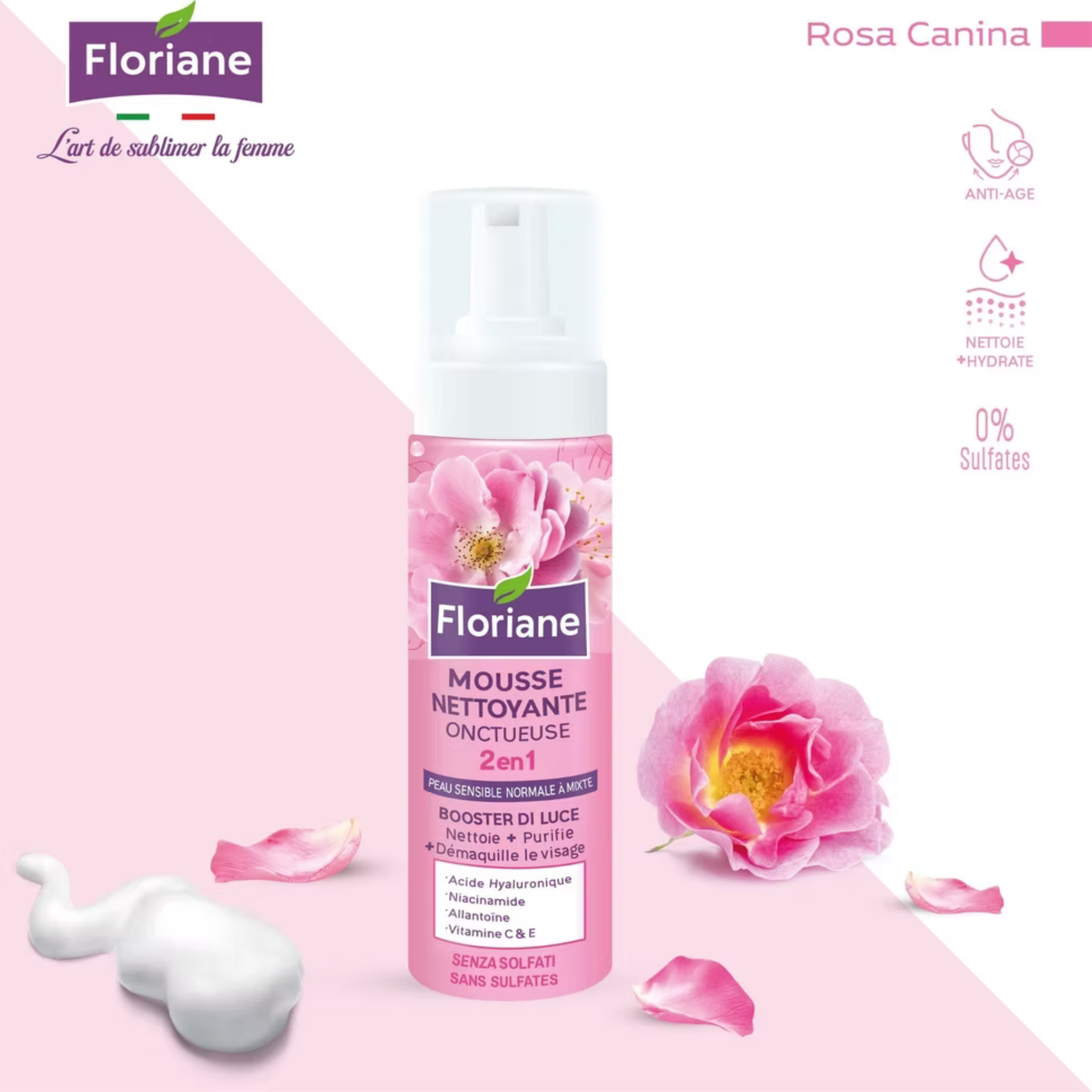Mousse Nettoyante Visage Rosa Canina 2 En 1 – Anti-âge, Hydratation & Éclat | Sans Sulfates