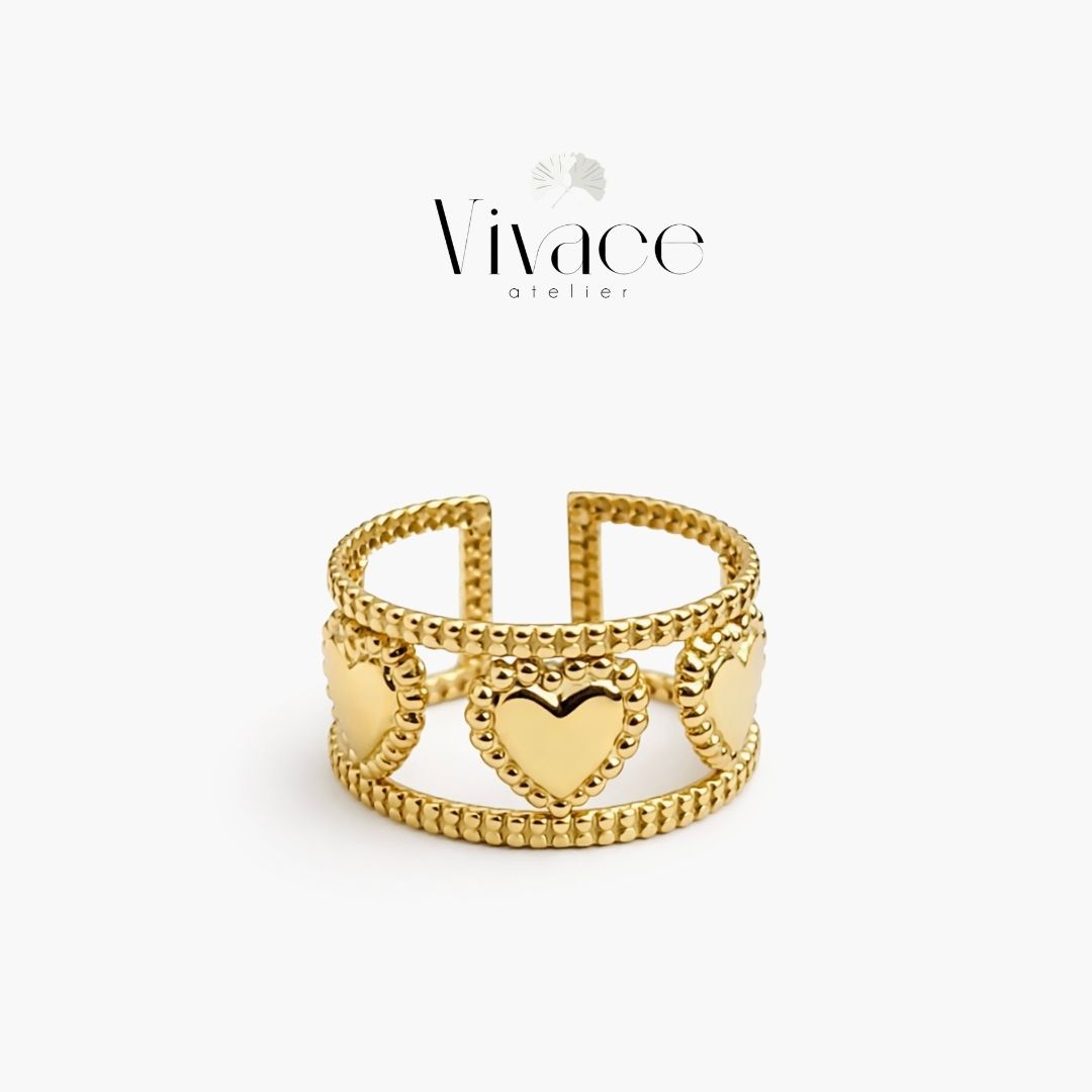 Bague Dorée Triple Cœurs Perlé — Idée Cadeau — Bague Ajustable