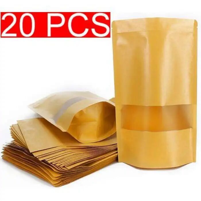 20 Sachet Kraft Alimentaire Avec Fenêtre, 20×30cm Zip Réutilisables