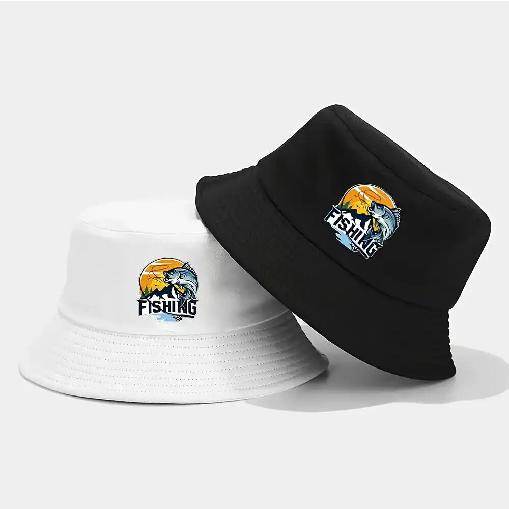 Chapeaux 2pcs De Pêche Avec Impression Pêche - Design Noir Et Blanc Élégant Pour Les Aventures En Plein Air