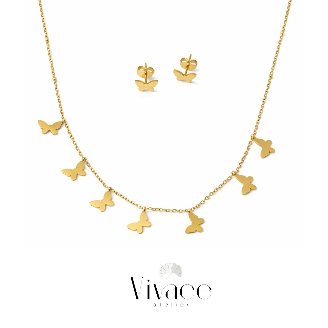 Parure Bijoux Papillons Dorés ( Collier + Boucles)