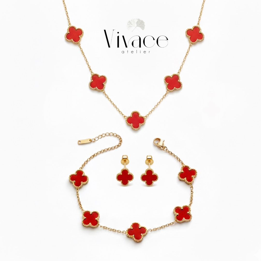 Parure Bijoux Van Cleef Rouge ( Collier + Bracelet + Boucles)