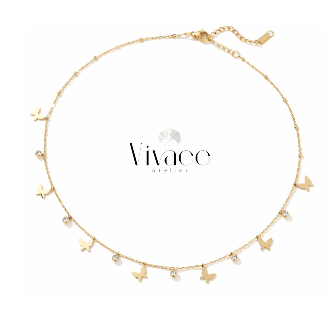 Collier Fin Papillons Et Zircon Doré — Idée Cadeau