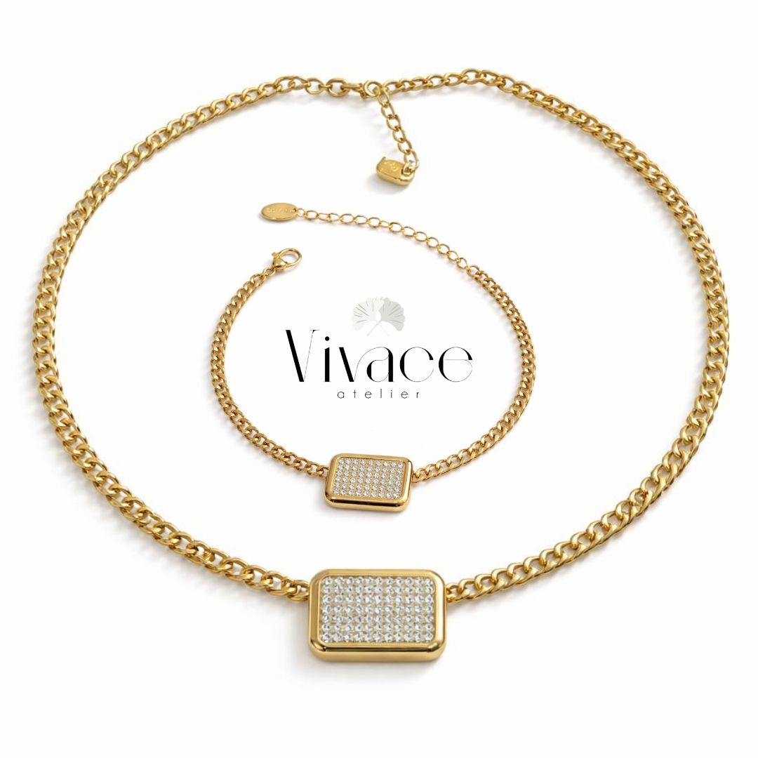 Ensemble Vivace Collier & Bracelet Chaîne Carrée Zircon Doré