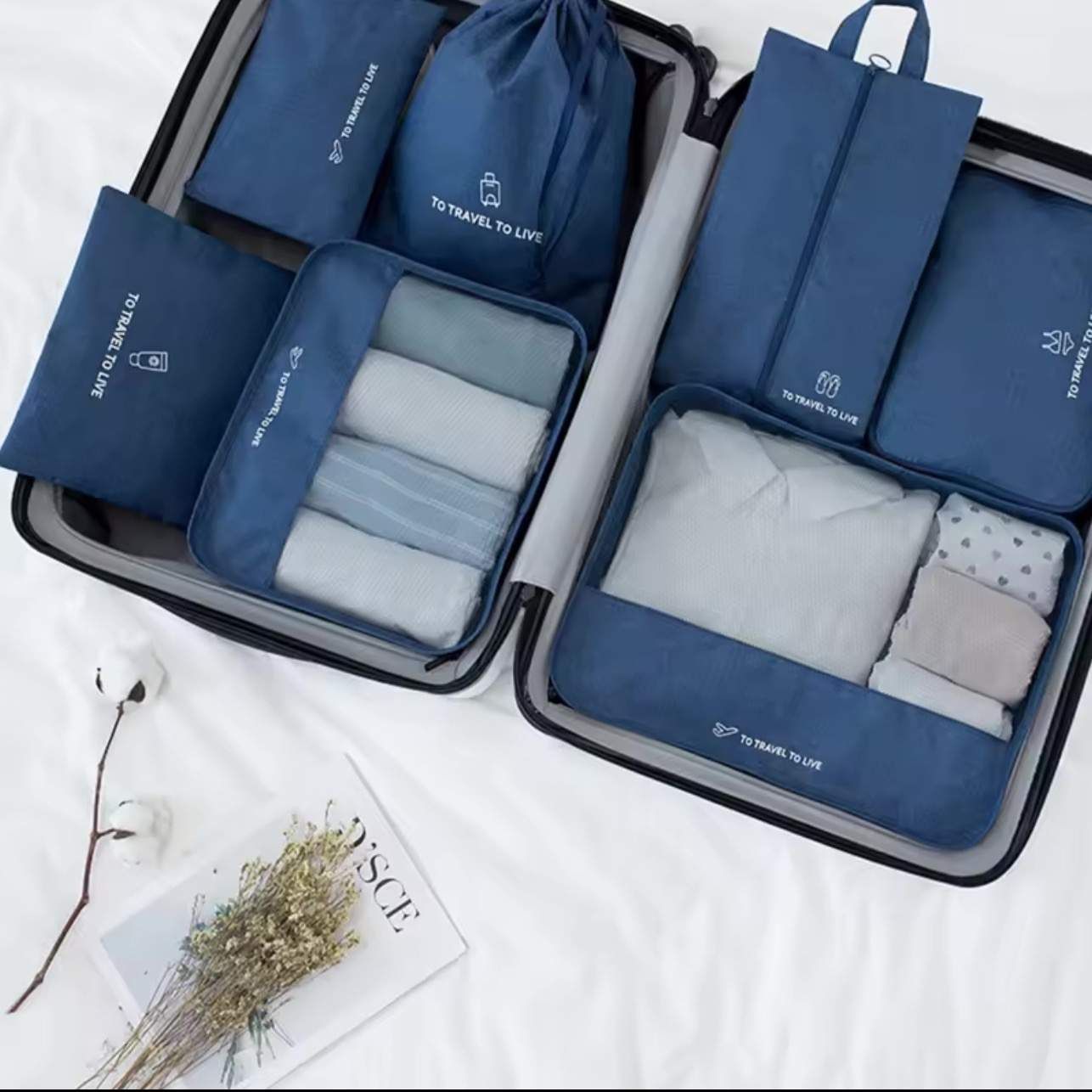 Bleu Set De Rangement De Valise To Travel To Live 7pieces