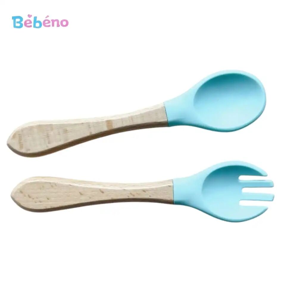 Set Cuillère & Fourchette En Silicone Alimentaire - Manche En Bois (couleur Aléatoire)