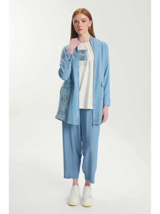 Ensemble Veste En Jean Coupe Décontractée Bleu Clair Et T-shirt Imprimé Tk-1577 thumbnail 1