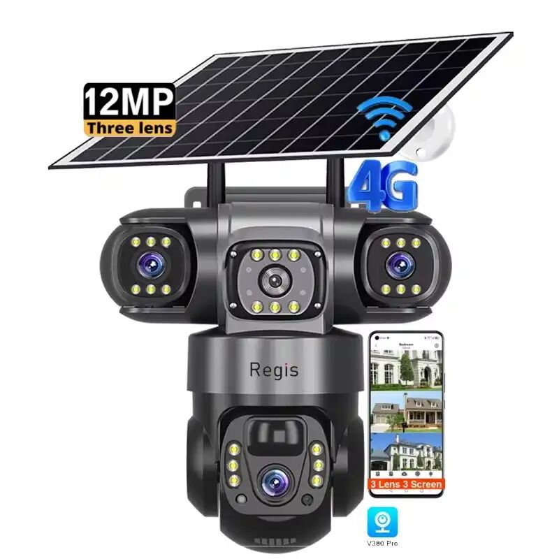 Caméra Solaire Nouvelle Génération À 3 Objectifs Et 3 Écrans, Caméra De Sécurité Cctv Sans Fil 4g Ptz À Triple Objectif Solaire