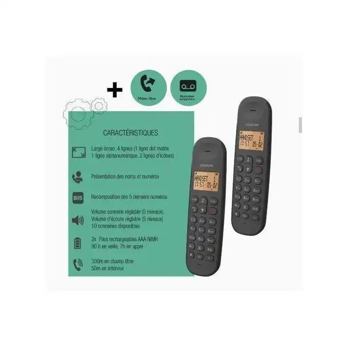 Logicom Téléphone Fixe Sans Fil Avec Répondeur Enregistreur - Duo - Téléphones Analogiques Et Dect - Noir