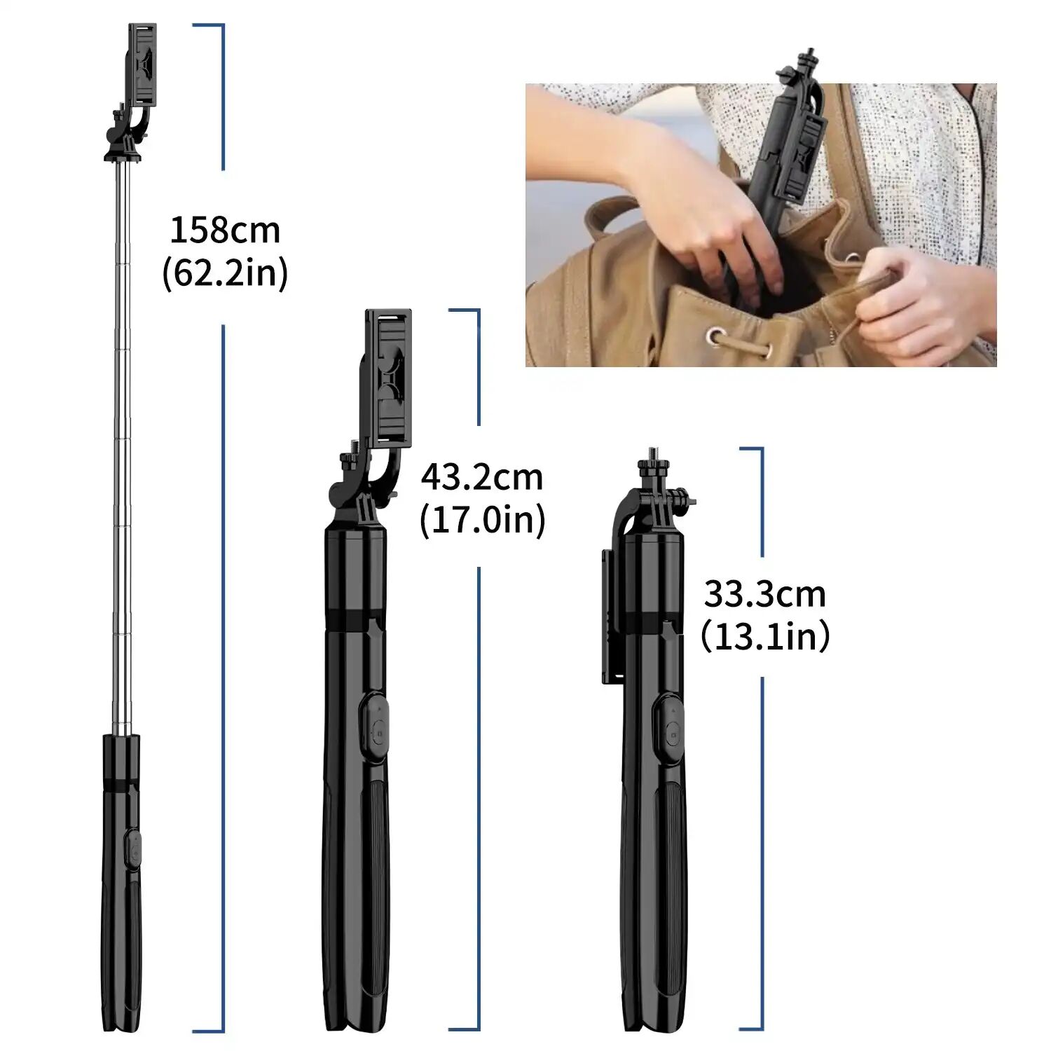 Perche À Selfie Et Trépied Pliable En Acier Inoxydable 1580mm, Avec Télécommande Sans Fil Bt