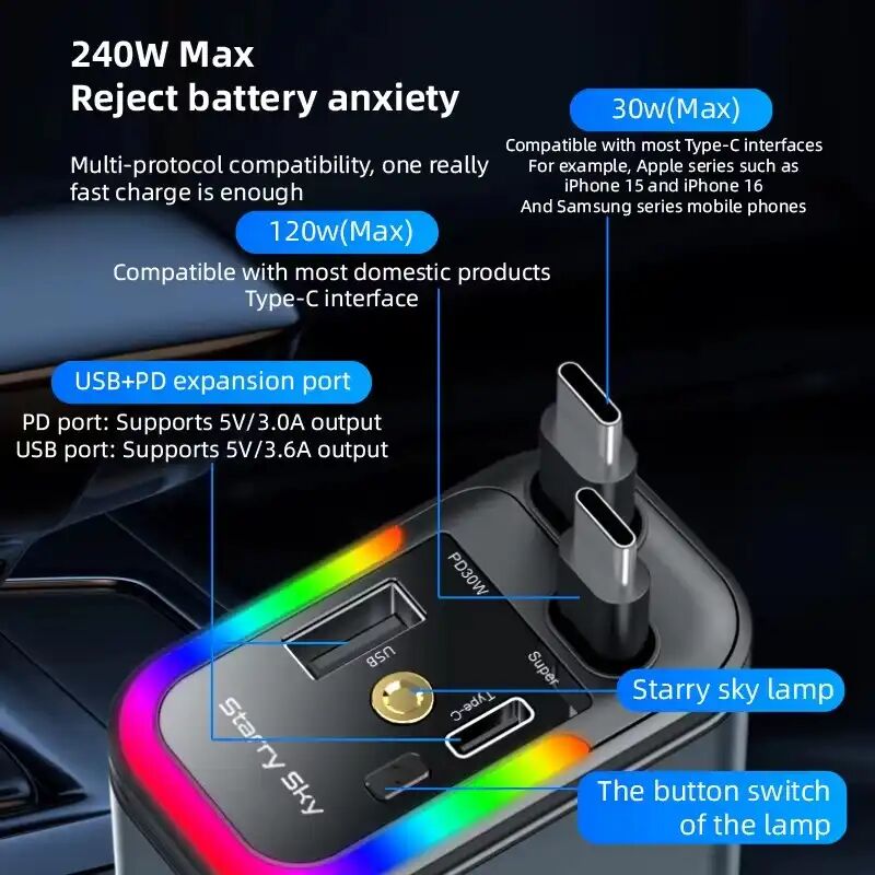 Chargeur Voiture 4 En 1 À Câbles Rétractables Usb-c Charge Rapide Led Étoilée thumbnail 4