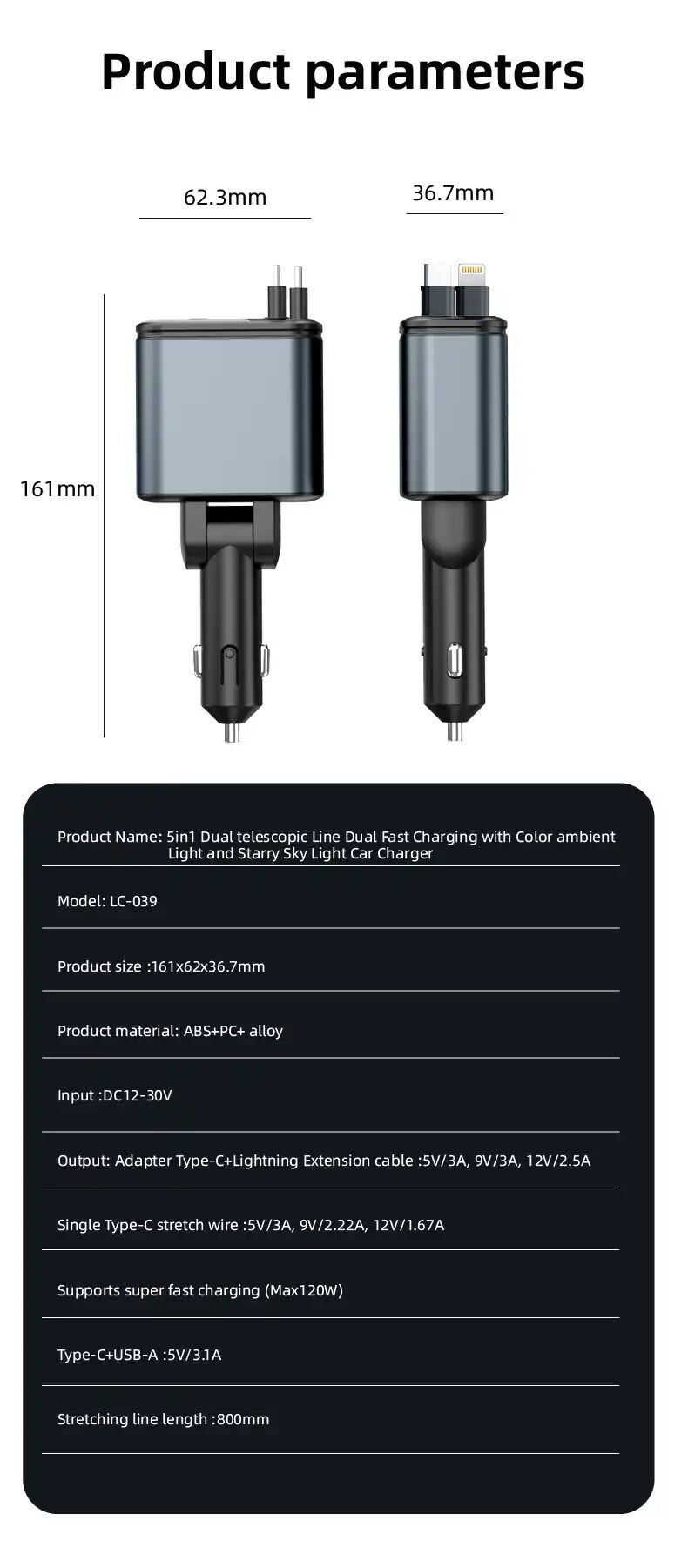 Chargeur Voiture 4 En 1 À Câbles Rétractables Usb-c Charge Rapide Led Étoilée thumbnail 2