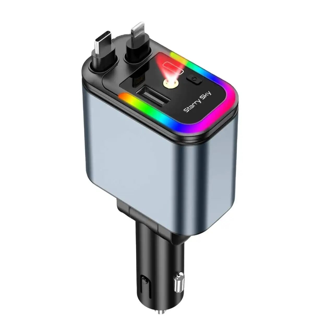 Chargeur Voiture 4 En 1 À Câbles Rétractables Usb-c Charge Rapide Led Étoilée thumbnail 1