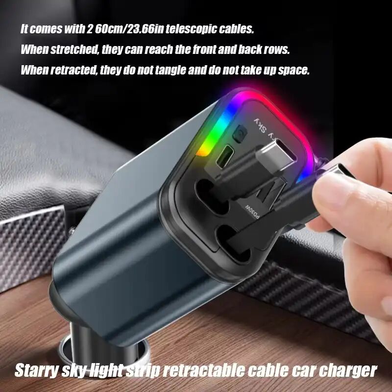 Chargeur Voiture 4 En 1 À Câbles Rétractables Usb-c Charge Rapide Led Étoilée thumbnail 3