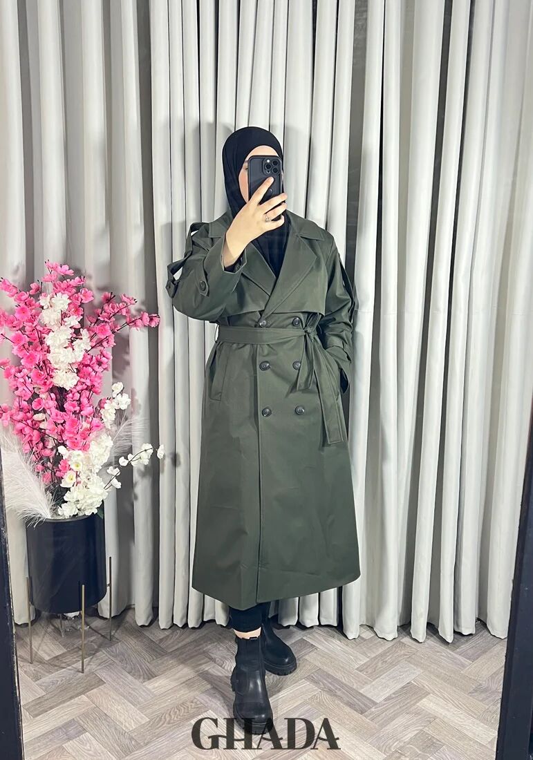 Trench-coat Long En Vert Olive thumbnail 4