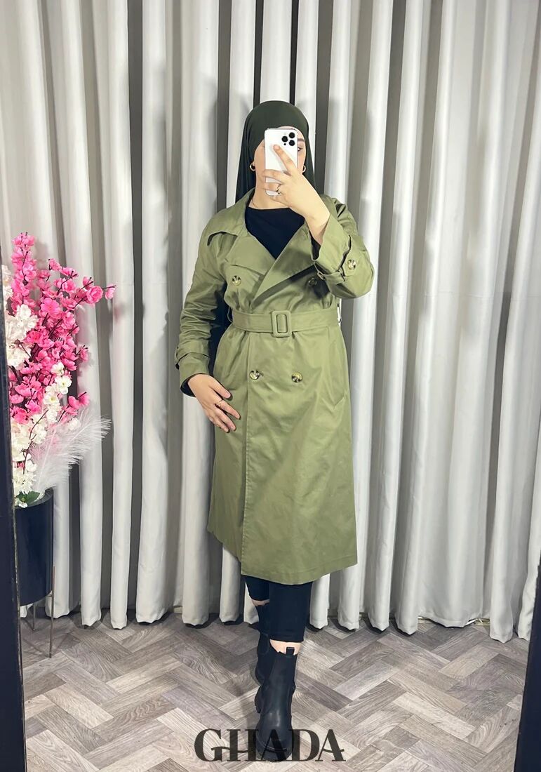Trench-coat Long En Vert Kaki