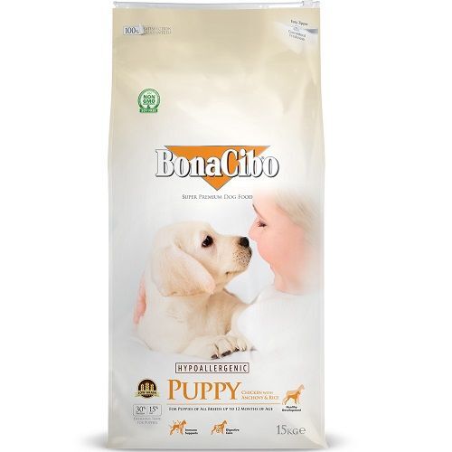Bonacibo Formule Puppy Croquettes Low Grain Et Hypoallergéniques Pour Chiots (au Poulet, Anchois ; Riz) 15kg
