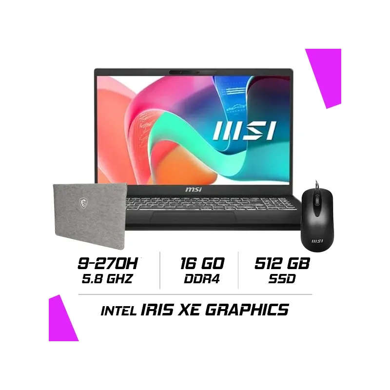 Msi Modern 15 H C2rmg-298ma Intel 9-270h/16gb Ddr4/512gb Ssd/15.6 Fhd Ips/win11 - Noir Classic + Bag + Souris