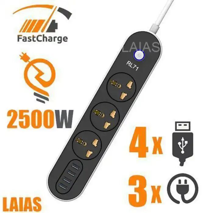 Rallonge Intelligente Haute Sécurité Multiprise 4 Usb À Chargement Rapide, 3 Prises Universelle
