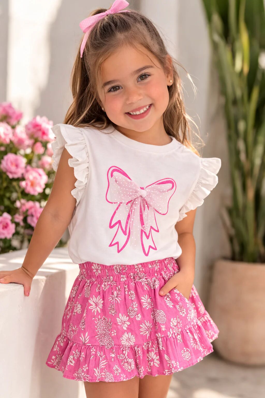 Ensemble Fille T-shirt Blanc & Jupe Rose – Douceur & Style Romantique thumbnail 3