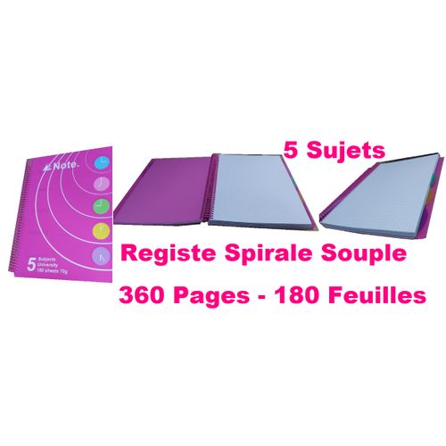 Registre Spiral 5 Sujets 360 Pages Petit Carreau Rose Souple Qualité Supérieure