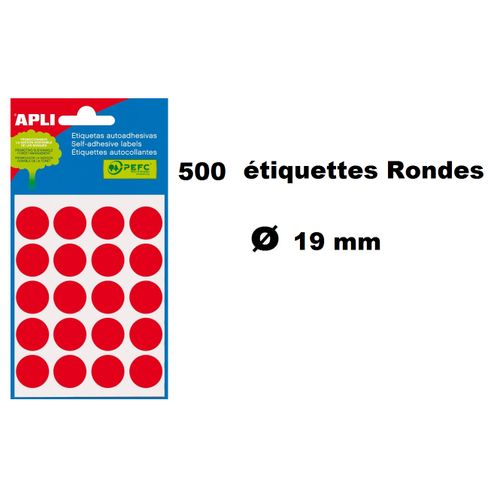 500 Étiquettes Rondes Adhésif, Diamètre 19 Mm, Rouge