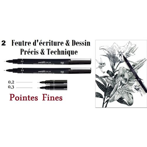 2 Stylos-feutres Précision, Dessin Ecriture-pointe Calibrée -0,2 & 0,3 Mm - Noir