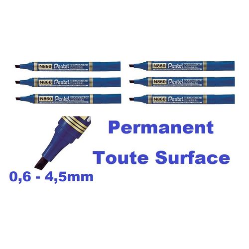 6 Feutres Marqueurs Permanents Bleus, Pointe Biseautée Moyenne, Toute Surface