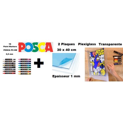Pack Art-glass 16 Marqueurs Pc-5m Conique + 2 Plaques Plexiglass 1mm 30x40cm