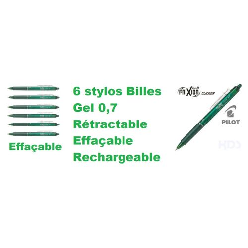 Set 6 Stylos Billes Vert Gel 0,7 Rétractable Effaçable & Rechargeable Frixion
