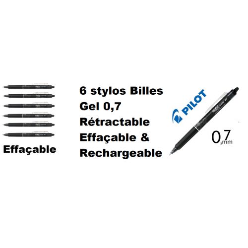 Set 6 Stylos Billes Noir Gel 0,7 Rétractable Effaçable & Rechargeable Frixion