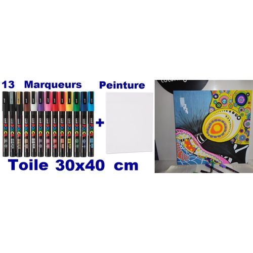 Ensemble Artistique 13 Marqueurs Conique Peinture Pc-3m + Toile 30 X 40 Cm