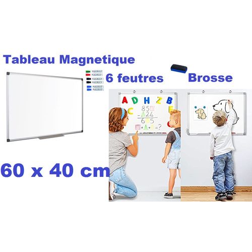 Tableau blanc magnétique avec feutres effaçables et brosse.