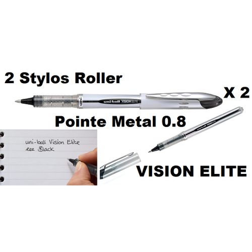Uni Ball 2 Stylos Roller Pointe Métal 0.8 Encre Noir Vision Elite,ecriture Parfaite