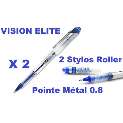 Uni Ball 2 Stylos Roller Pointe Métal 0.8 Encre Bleu Vision Elite,ecriture Parfaite thumbnail 1