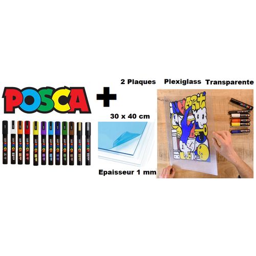 12 Marqueurs Pc-5m Couleurs Sr + 2 Plaques Plexiglass 1mm 30x40cm