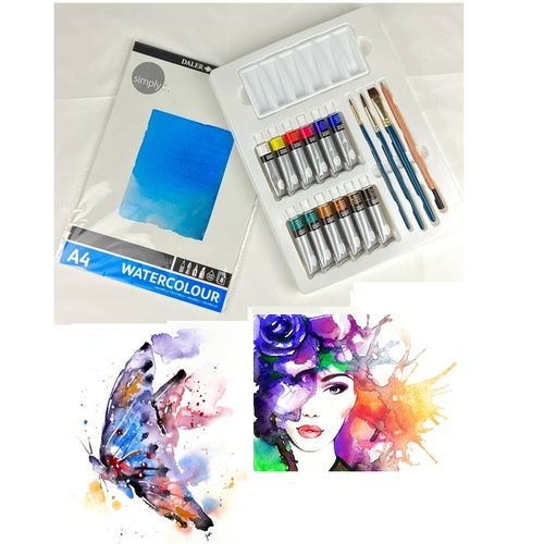 Boite Ensemble 25 Pièces Aquarelle:12 Tubes Peinture+3 Pinceaux+palette+papier