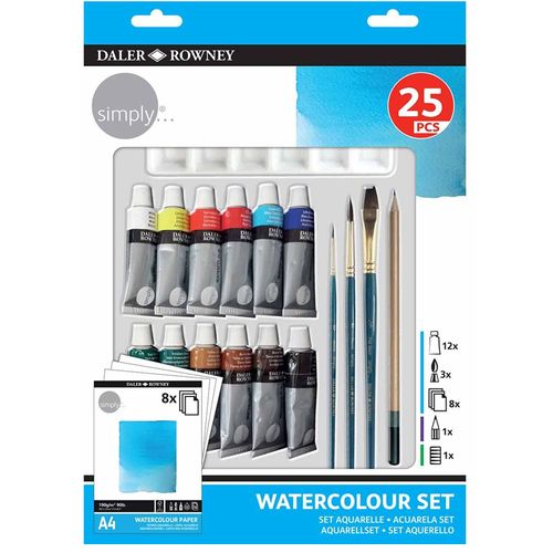 Boite Ensemble 25 Pièces Aquarelle:12 Tubes Peinture+3 Pinceaux+palette+papier