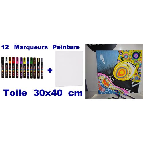 Ensemble de 12 Marqueurs Conique Peinture Pc-5m + Toile 30 X 40 Cm