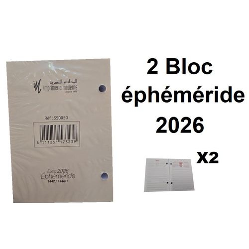 Imprimerie Moderne Lot Economique 2 Bloc Éphéméride Date À Droite 2026, Papier Blanc 8,2 X 11,8 Cm