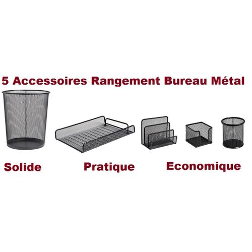 Set Économique 5 Accessoires De Bureau En Métal Noir, Pratique Et Compact