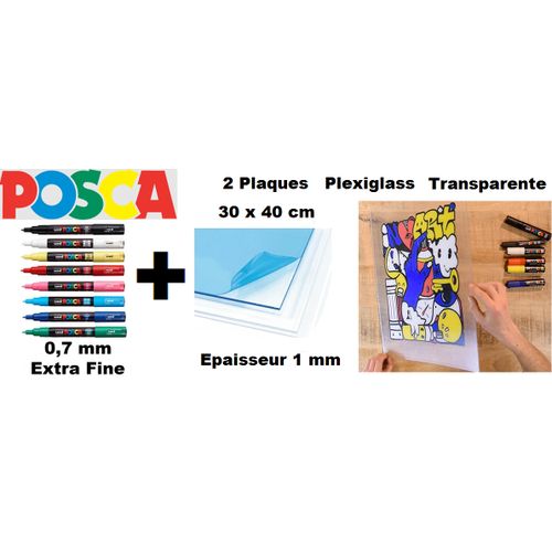 Pack Art-glass 8 Marqueurs Pc-1m Populaires + 2 Plaques Plexiglass 1mm 30x40cm