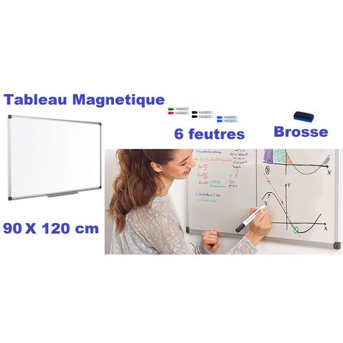 Lot Economique Tableau Magnétique Blanc 90x120 Cm + 6 Feutres Effaçable + Brosse