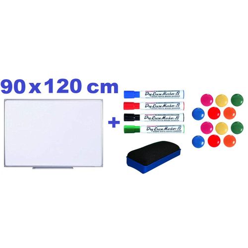 Tableau Magnétique Blanc 90x120 Cm – Effaçable Avec Accessoires (feutres, Aimants, Brosse)