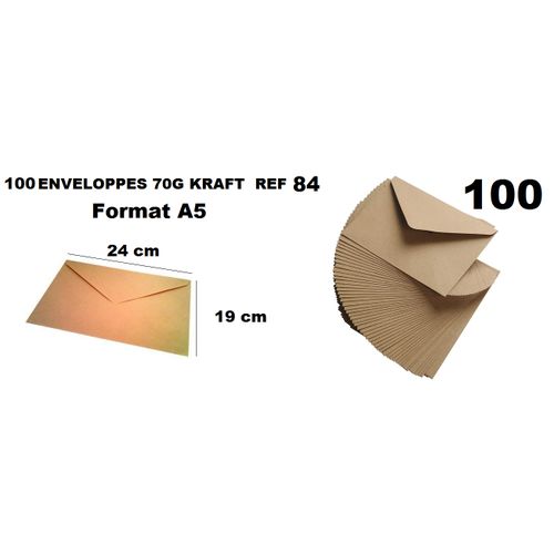 100 Enveloppes Reference 84 Moyen Format A5 Standard Kraft Format 19x24 Cm,70g
