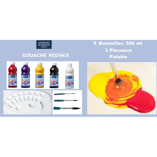 Kit 5 Bouteilles Gouache Couleurs Primaire Redimix ,3 Pinceaux,palette
