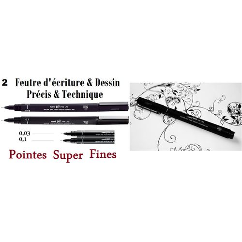 2 Stylos-feutres Précision, Dessin Ecriture-pointe Calibrée -0,03 & 0,1 Mm- Noir