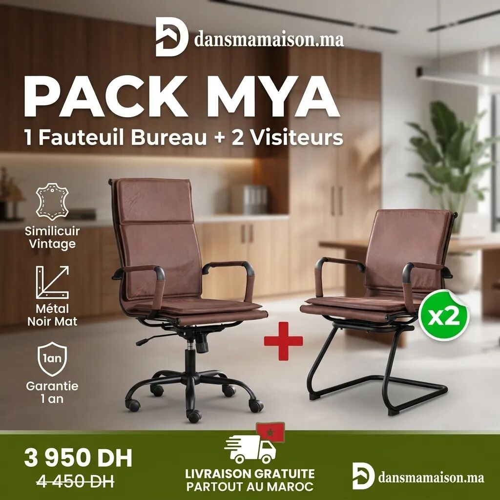 Pack Mya - Ensemble Chaises De Bureau Complet Style Vintage 1 Direction + 2 Visiteurs