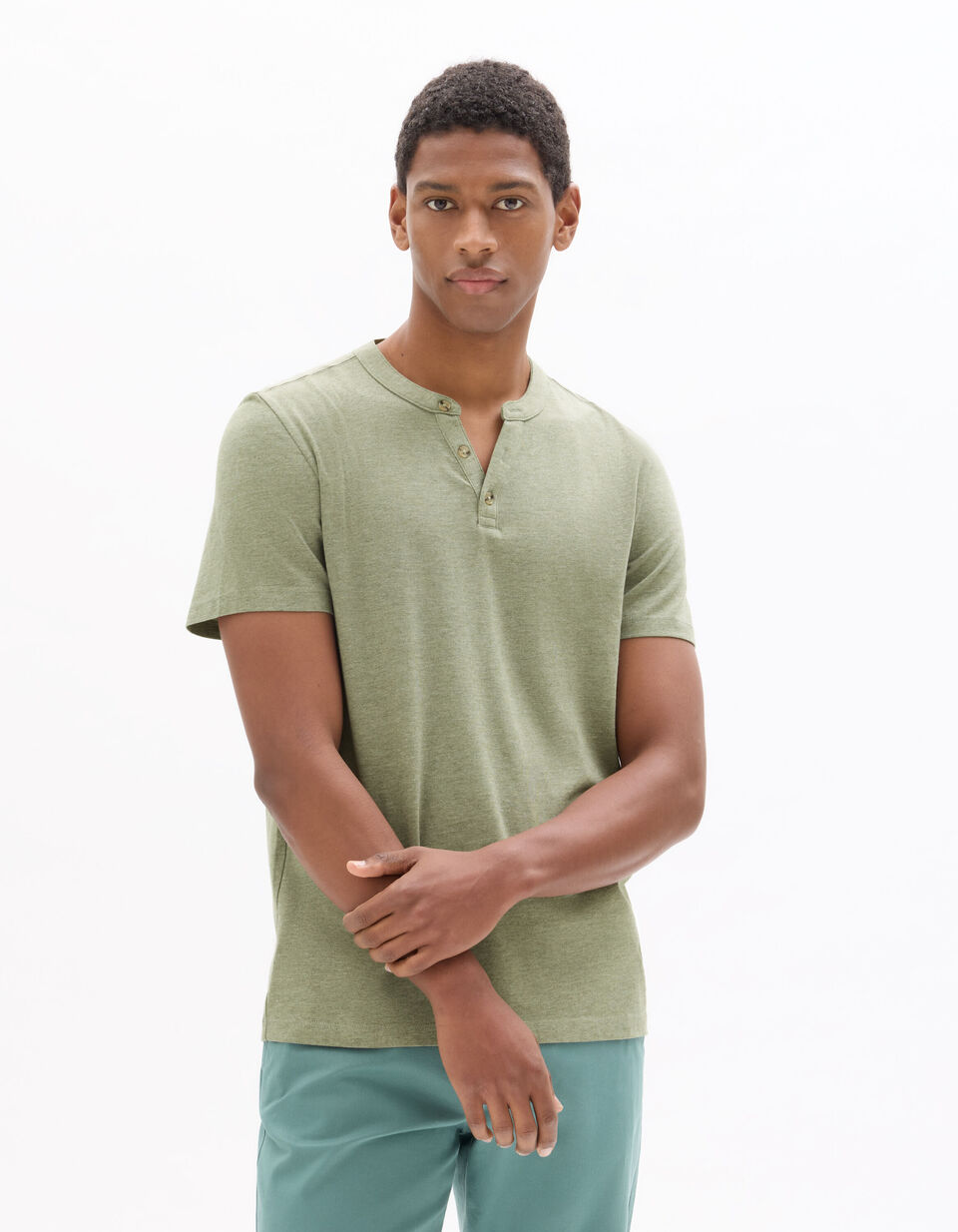 T-shirt Regular Col Tunisien Coton Mélangé thumbnail 3